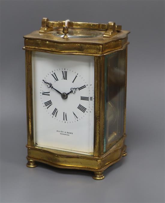 A late 19th century French brass cased eight day repeating carriage clock, retailed by Allen and Daws, Norwich